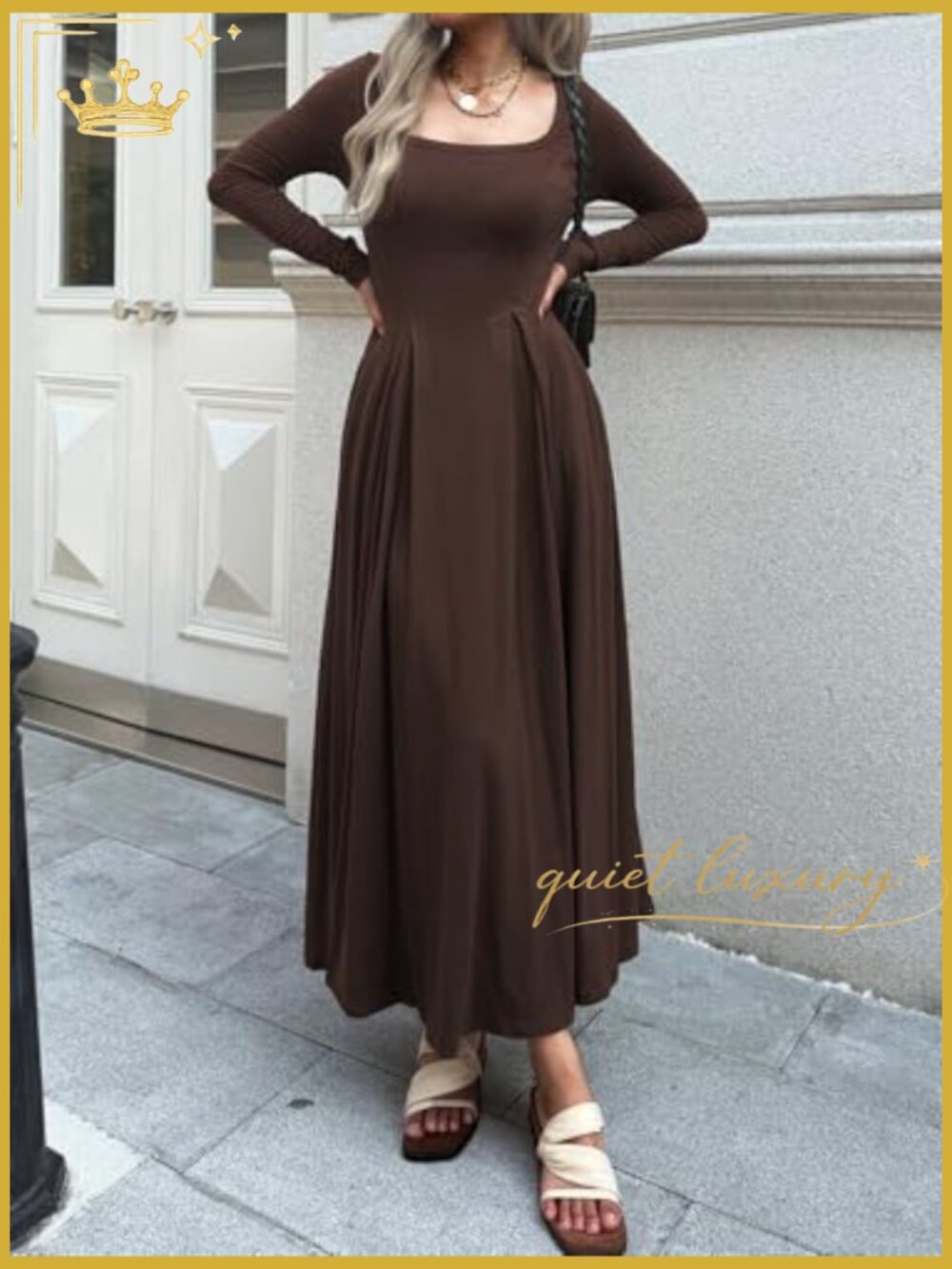 Women Long Sleeve Square Neck Maxi Dress A-Line Pleated Flowy with Pockets - Picture 3 of 6